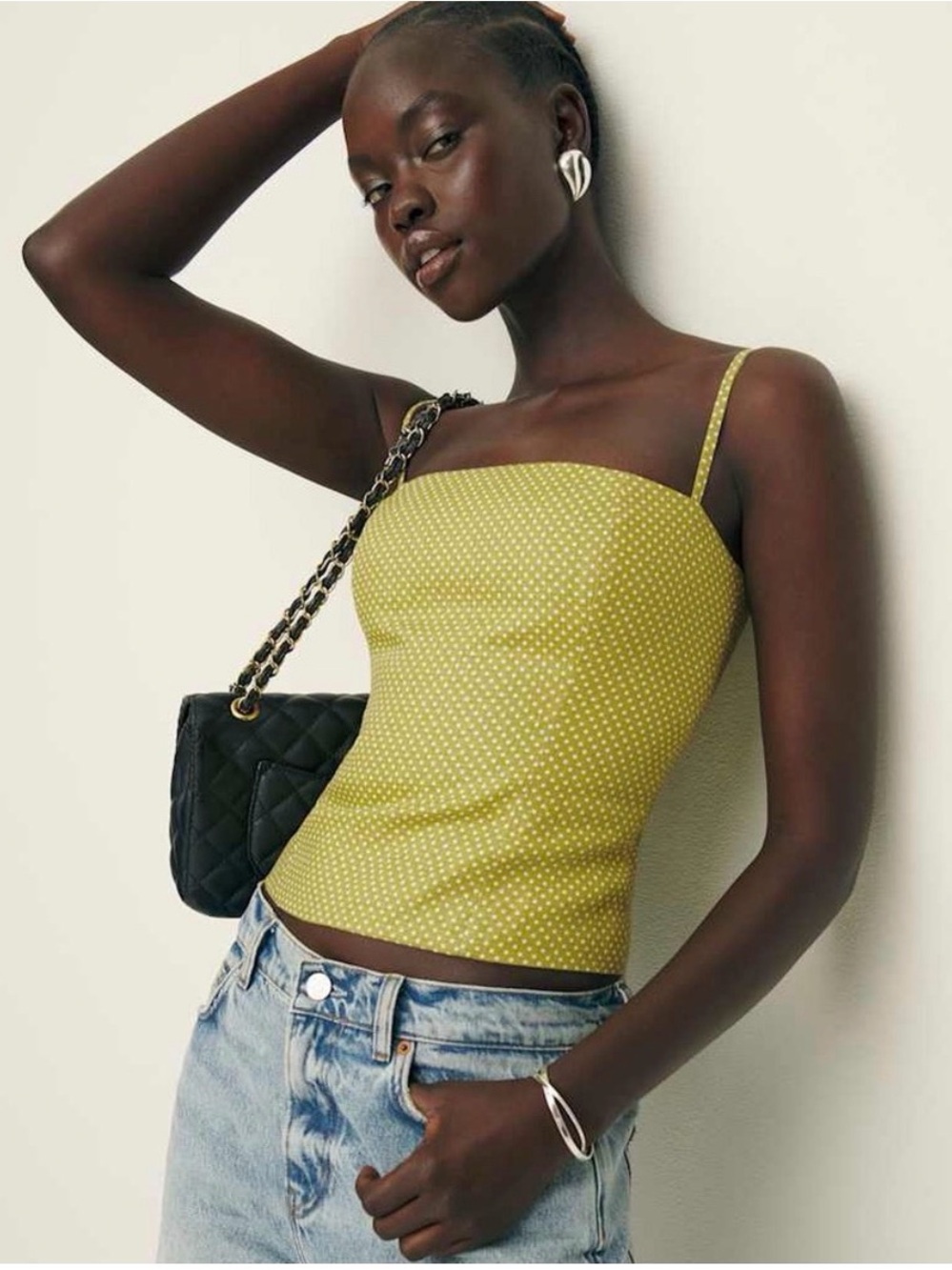 Reformation Overland Polka Dot Slim Square-Neck Linen Cami Top in Chartreuse